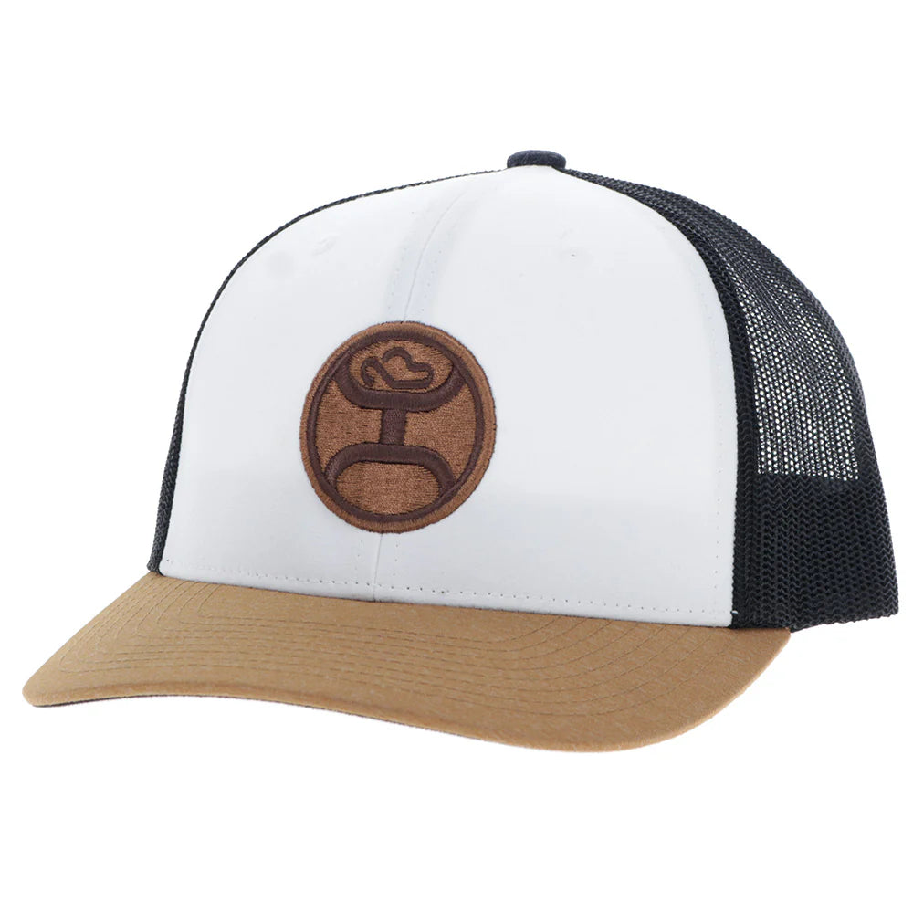 Hooey Primo White and Black Hat with Brown Circle Patch