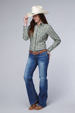 Karman Classics Women's Long Sleeve Cream/Teal/Tan Plaid Western Shirt
