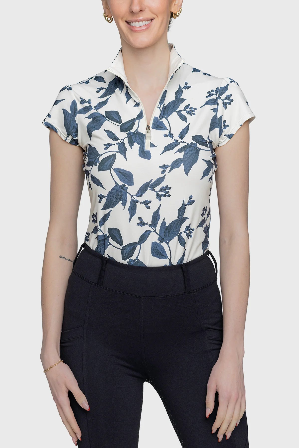 Kastel Denmark Indigo Lithograph Leaf 1/4 Zip Cap Sleeve Shirt