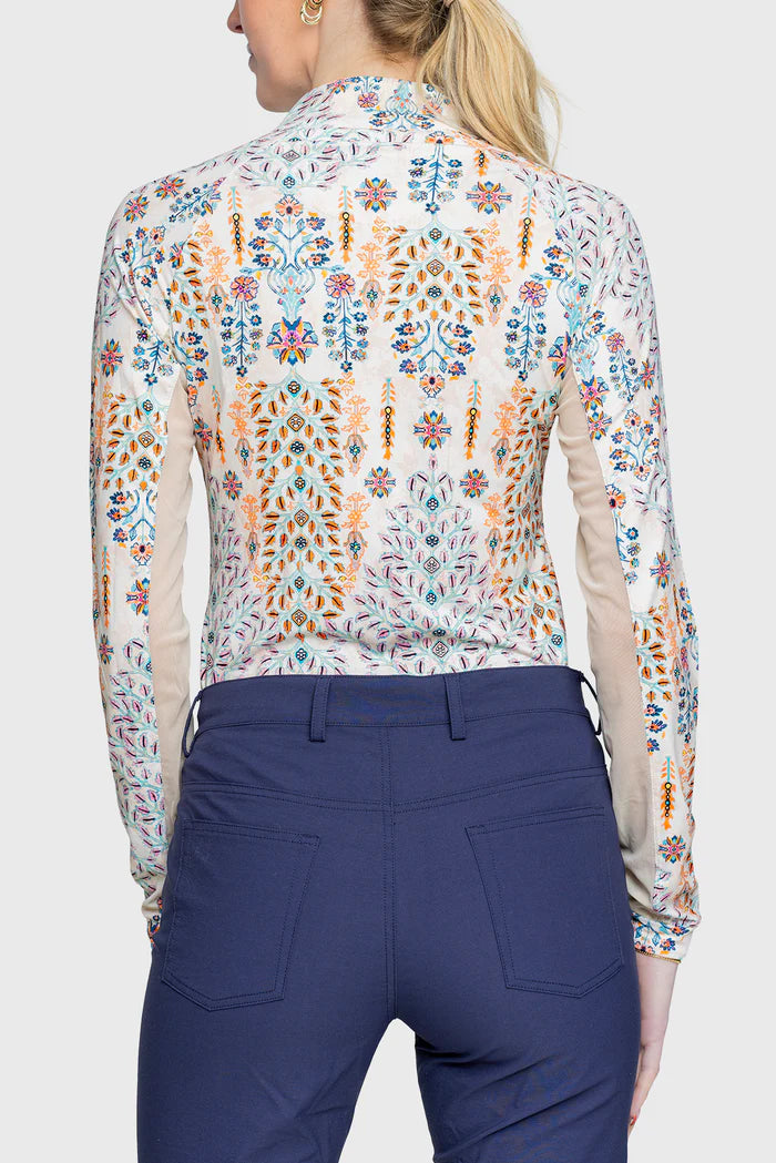 Kastel Denmark Long Sleeve Coral Block Print Floral 1/4 Zip Top