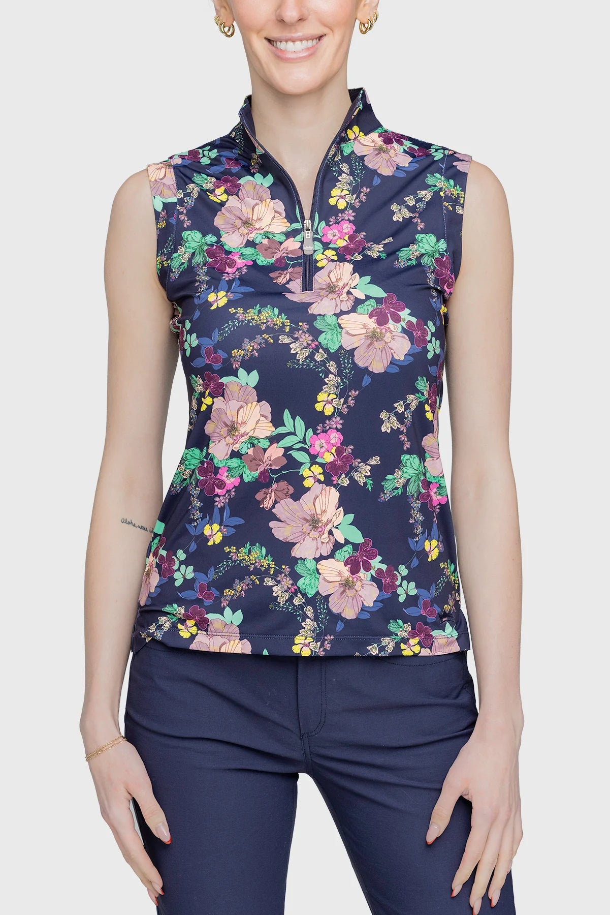 Kastel Denmark Ruched Back Lush Garden 1/4 Zip Sleeveless Top