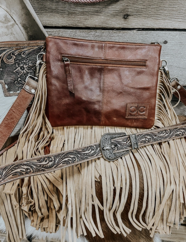 Texas Western Cowhide Tooled Leather Western Fringe Cowhide Crossbody with Buckle