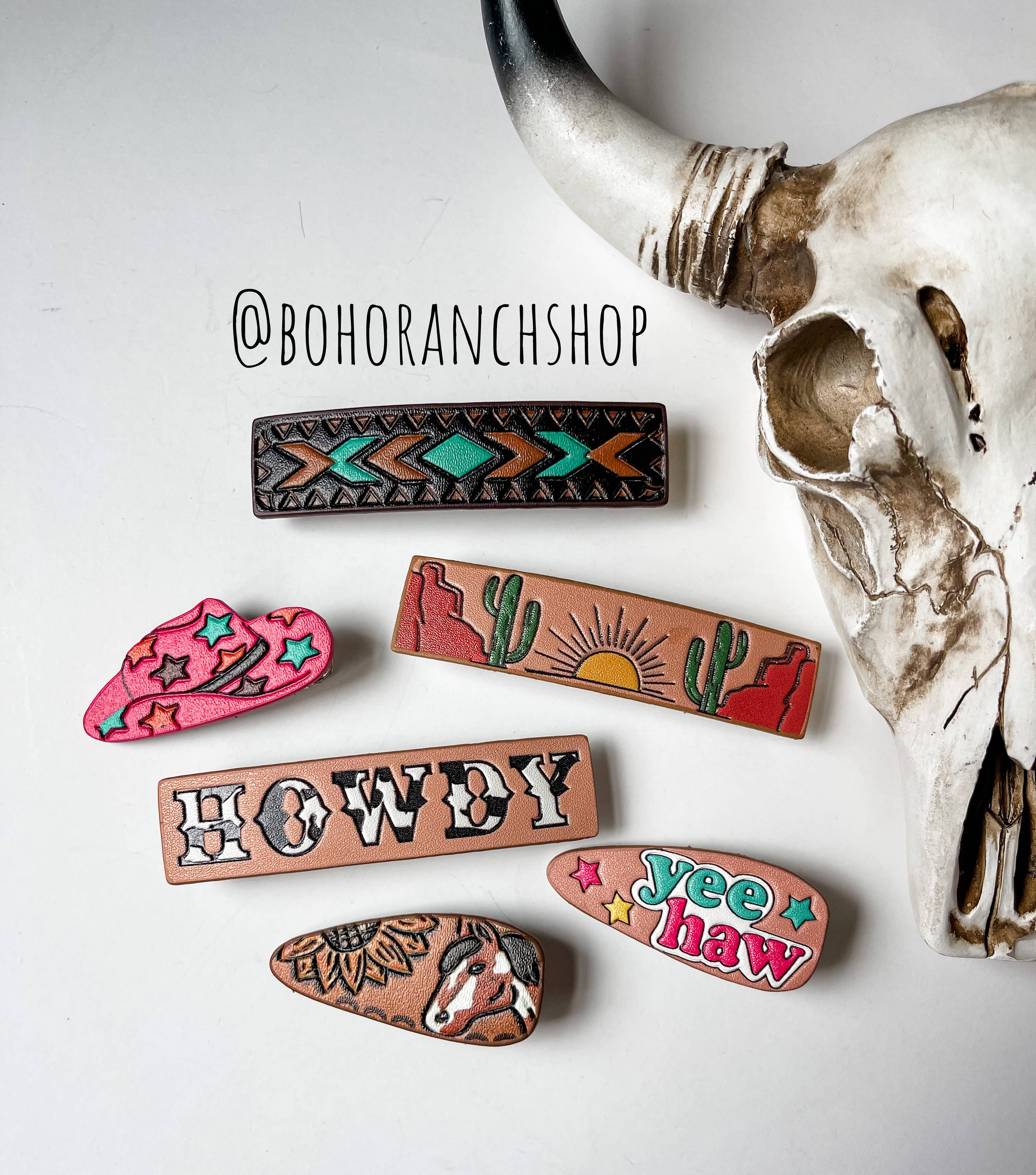 Western Leather Hair Clip Barrettes: PINK COWBOY HAT
