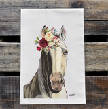 Hippie Hound Studios Christmas Horse Cream Horse with Flowers Tea Towel