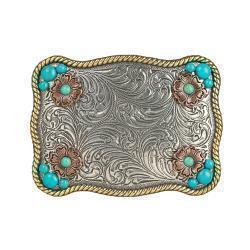 Nocona Ladies Rectangle Buckle with Flower Accents and Turquoise Stones