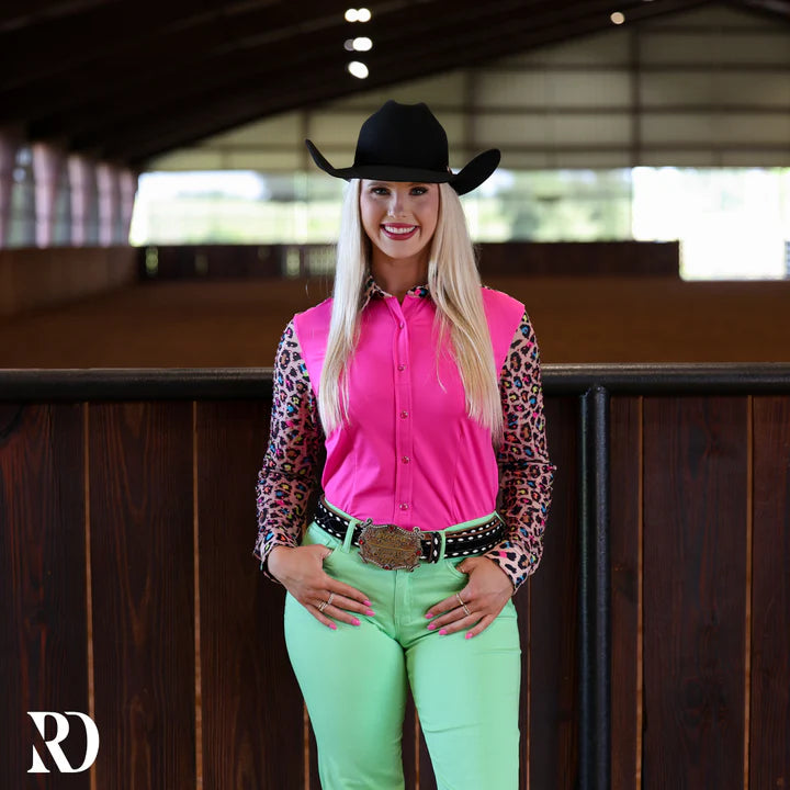 NEON LEOPARD MESH SLEEVE PERFORMANCE RODEO SHIRT LARGE