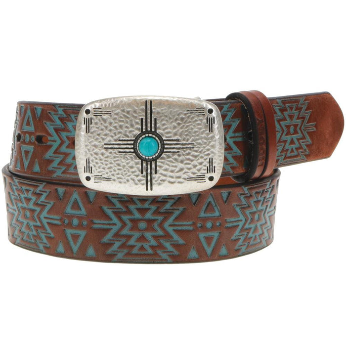 Hooey Brown Leather Belt with Turquoise Aztec Embossing
