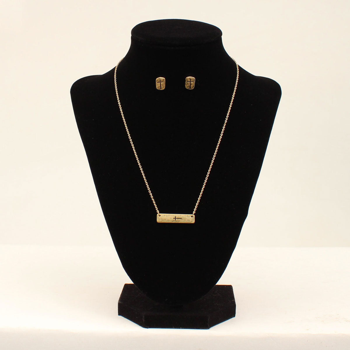 Blazin Roxx Brunished Gold Bar with Stamped Cross Necklace Set